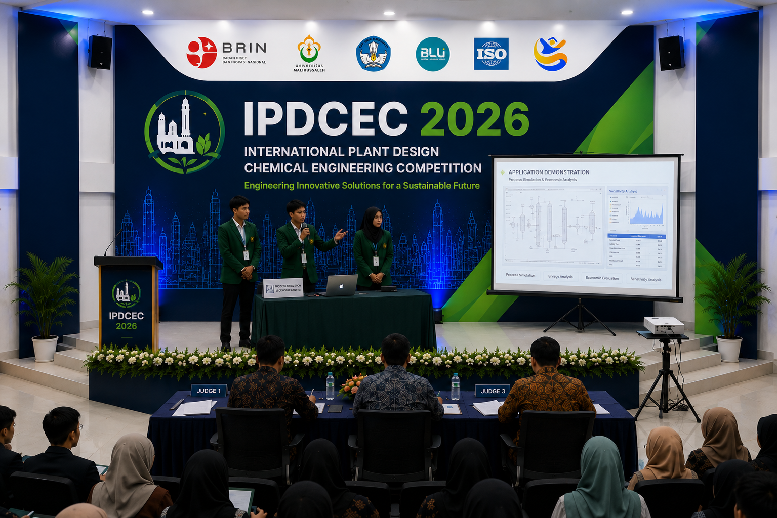 IPDCEC 2026 competition atmosphere in the Faculty of Engineering Auditorium, Universitas Malikussaleh